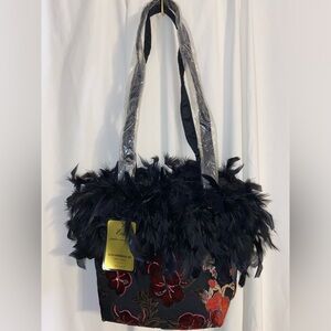 Elka Vtg Black Ostrich Featherrs Hibiscus Floral Print Embellished Shoulder Bag